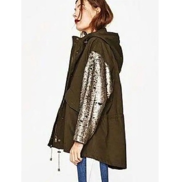Zara Changing Sequin Sleeve Parka Olive Green Utility Jacket Shiny Sparkly - Picture 2 of 16